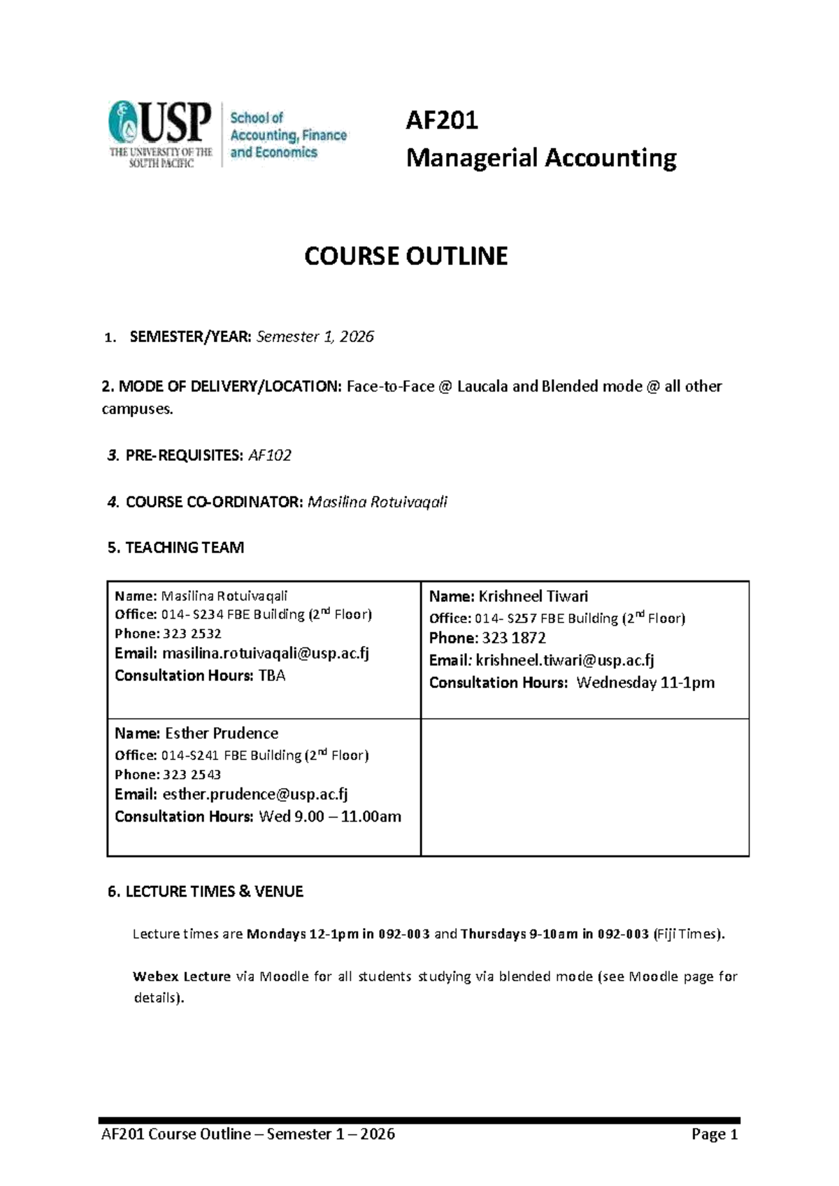 AF201 Managerial Accounting Course Outline - Semester 1, 2026 - Studocu