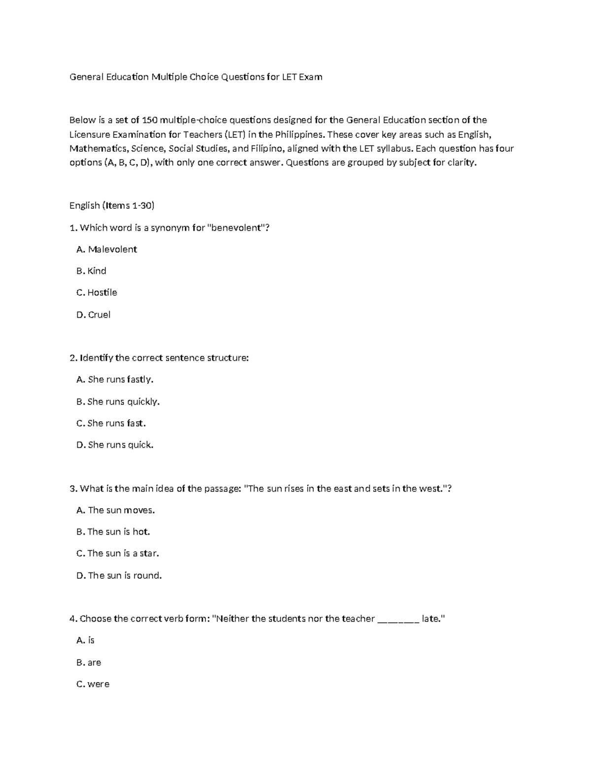 LET Exam General Education MCQs: 150 Practice Questions - Studocu