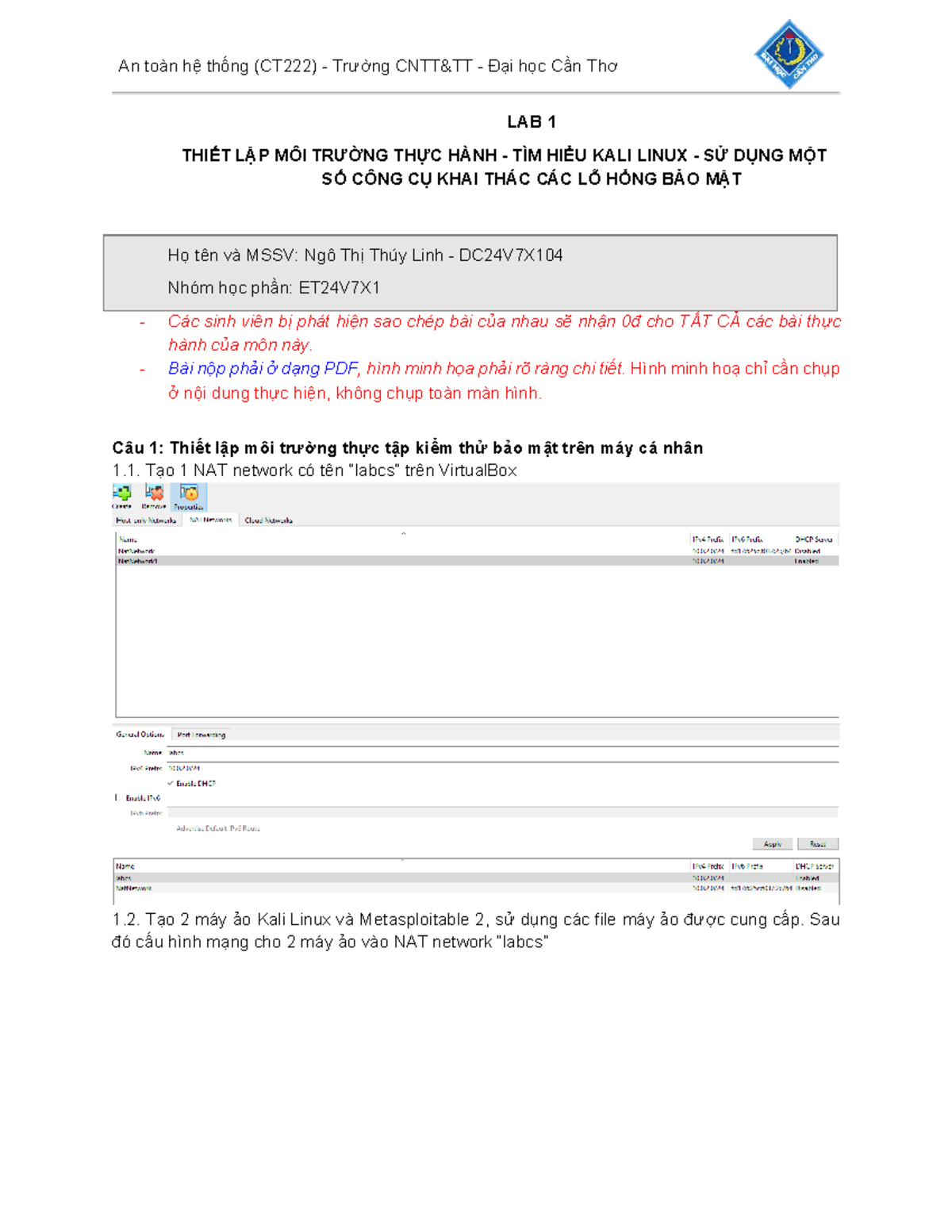 ATHT Lab 1: Thiết Lập Môi Trường Thực Hành Kali Linux - Studocu
