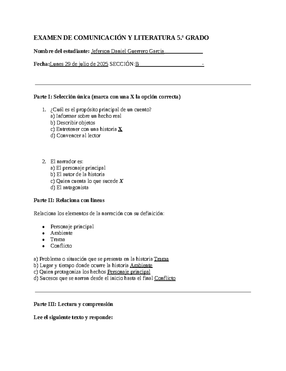 Examen de Comunicación y Literatura Grado 5 - Parte I a VI - Studocu