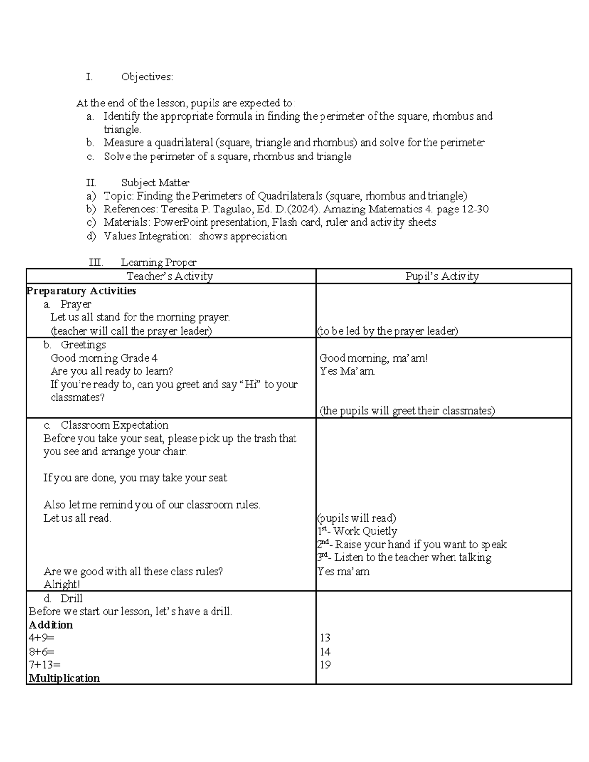 Lesson Plan Math-4 (detailed 3) - I. Objectives: At the end of the ...