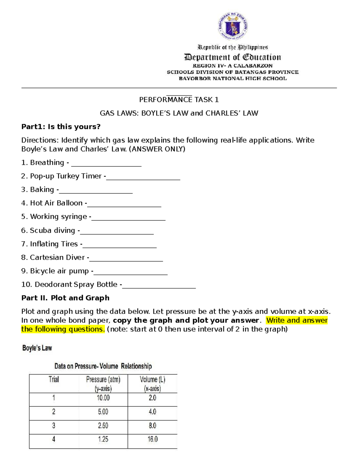 Performance Task 4: Gas Laws & Chemical Reactions Analysis - Studocu