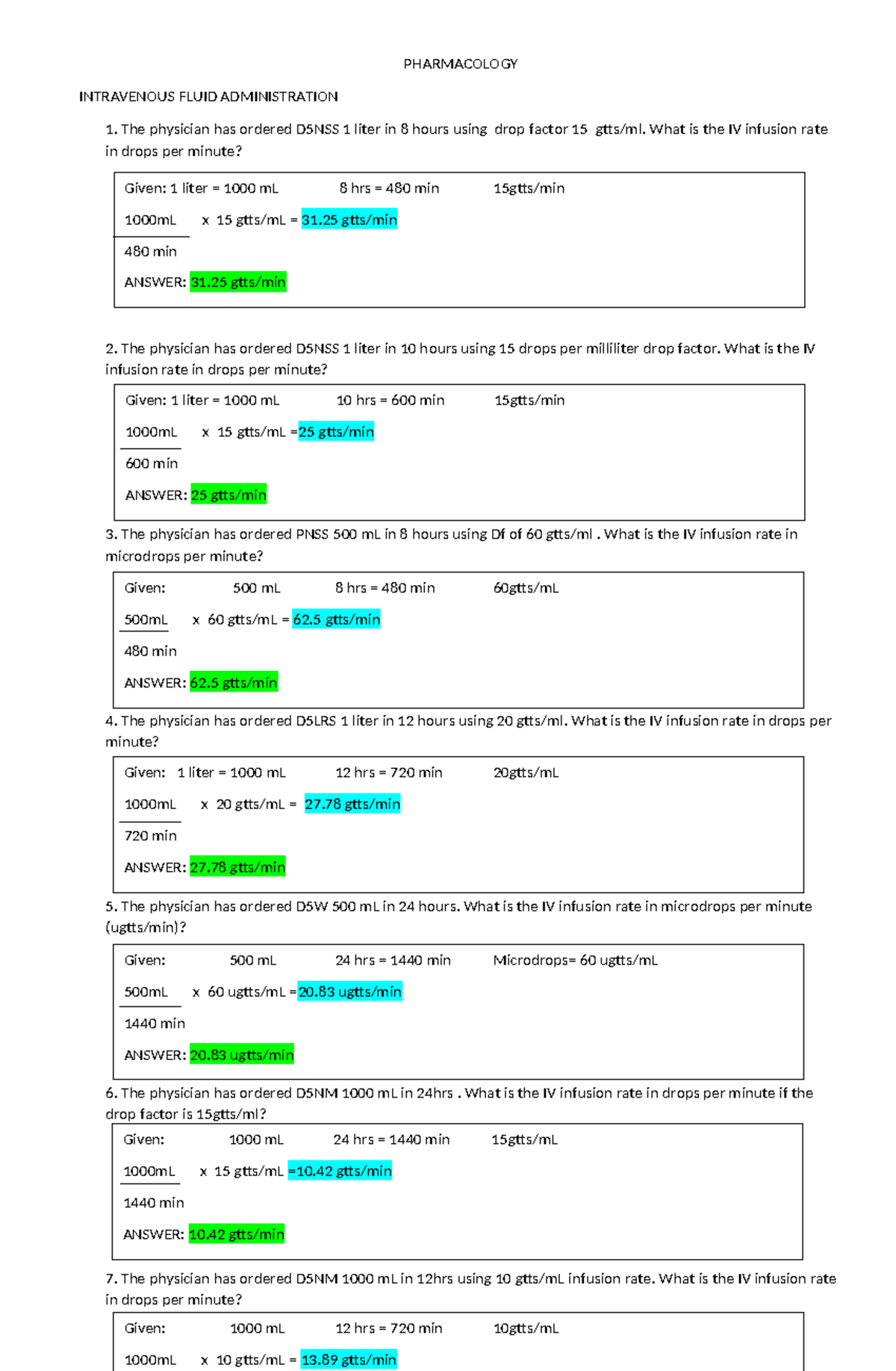 PHARMACOLOGY DRUG COMPUTATION IV INFUSION RATES - Studocu