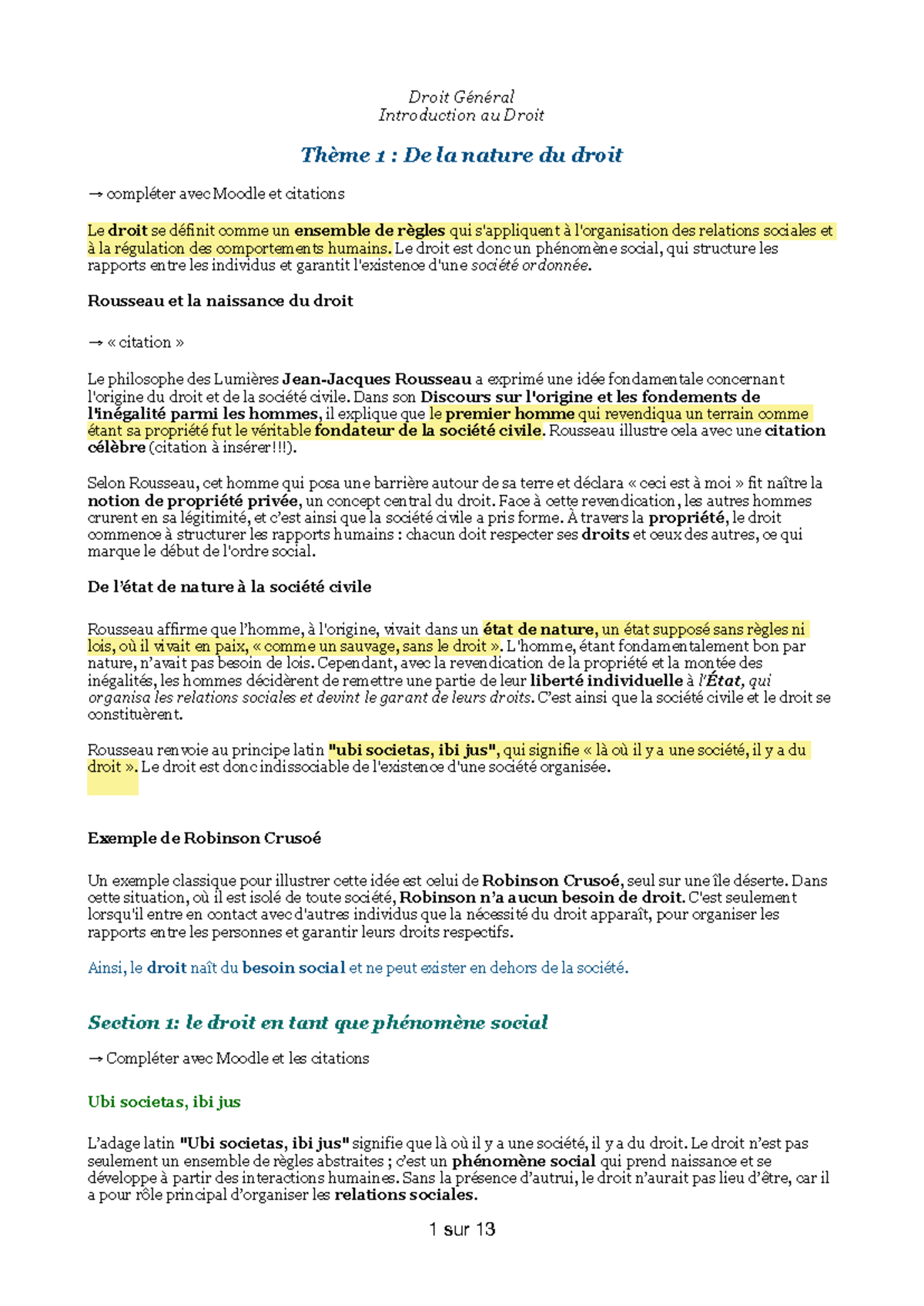 Droit Général - Introduction au Droit : Thème 1 et 2 - Notes de Cours ...