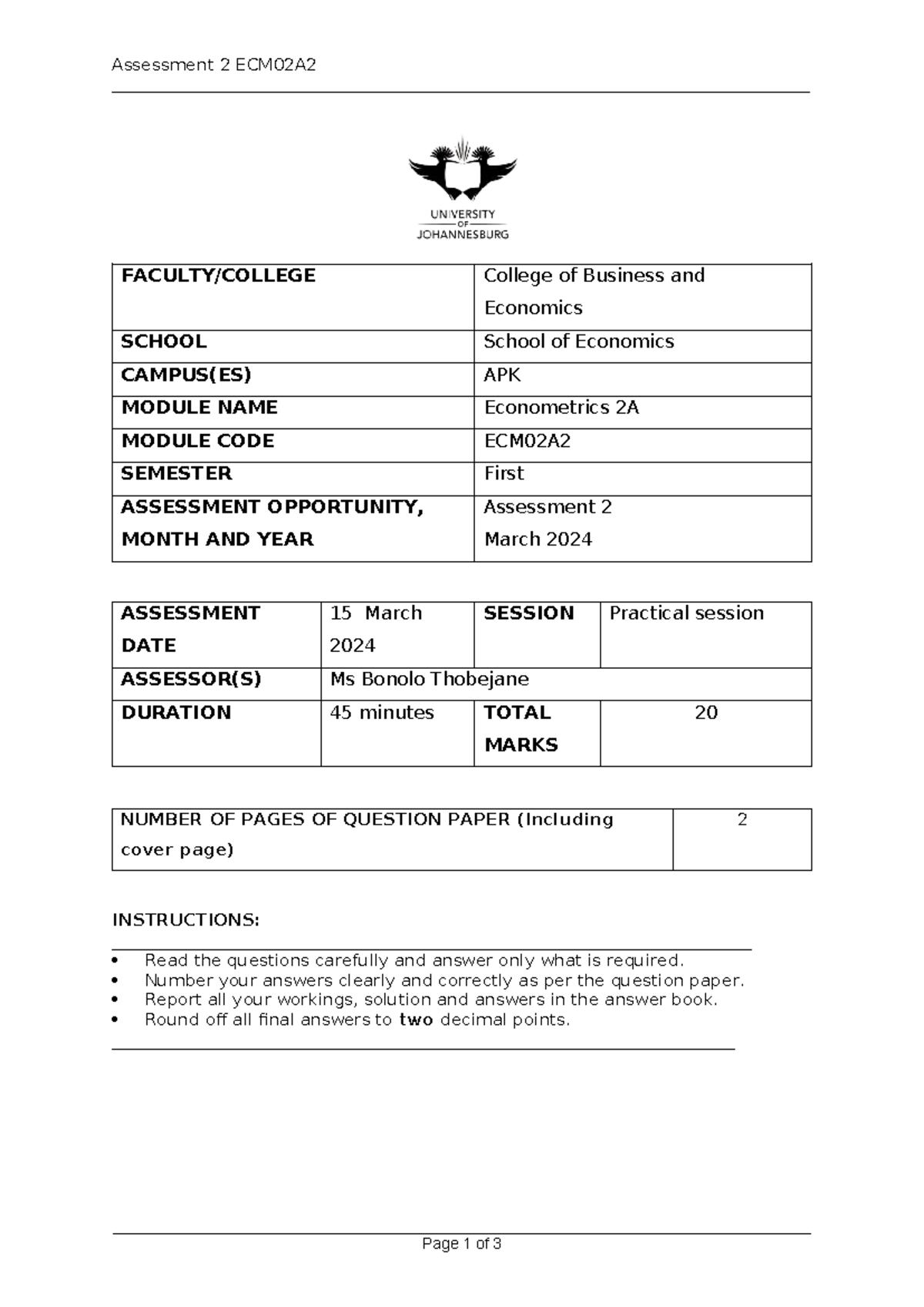 Assessment 2 Practice Questions for ECM02A2 - Econometrics 2A - Studocu