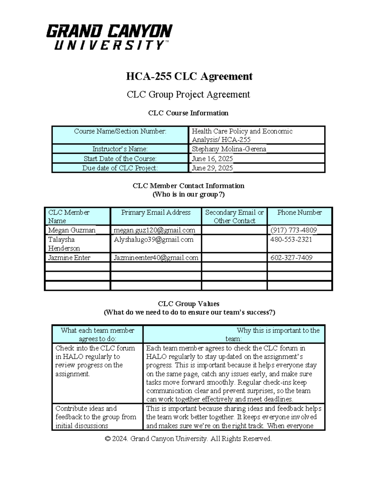 HCA 255 RS T2 CLC Group Project Agreement and Guidelines - Studocu