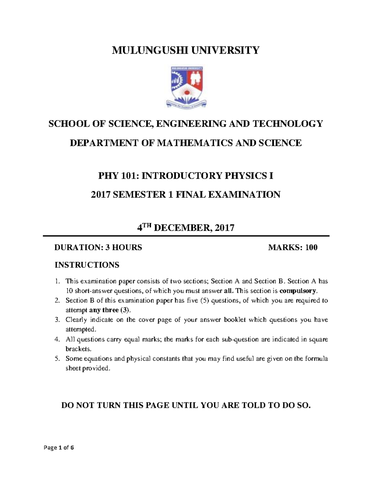 PHY 101: Introductory Physics I Final Exam Paper - Dec 2017 - Studocu