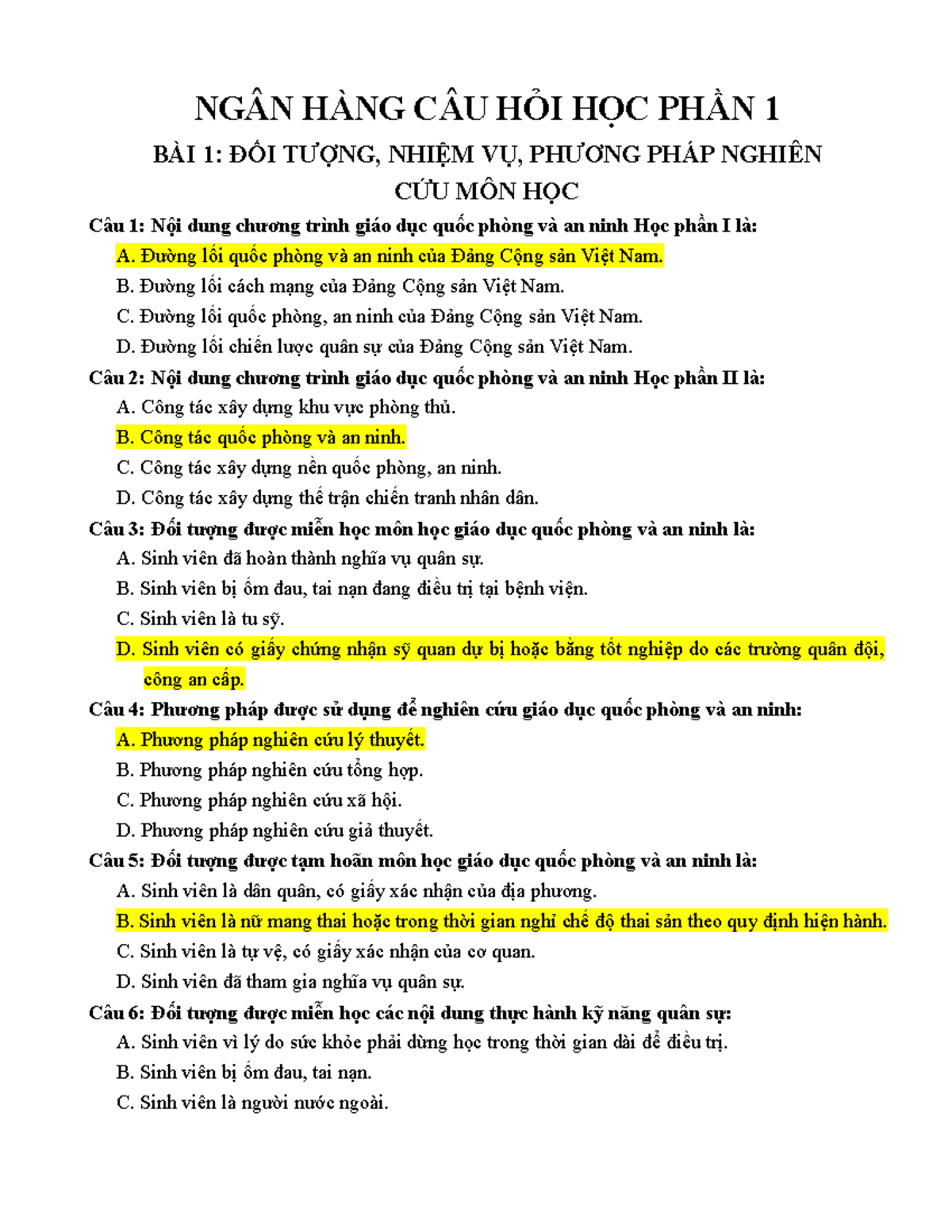 Ngân Hàng Câu Hỏi Học Phần 1: Chiến Tranh, Quốc Phòng và An Ninh - Document Preview