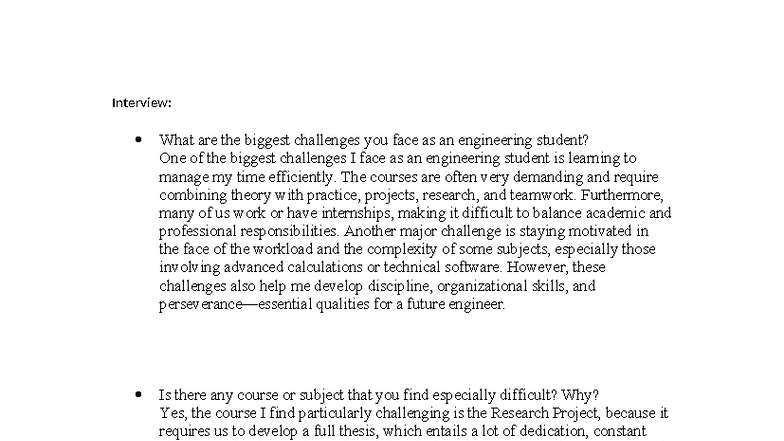 Interview: Challenges Faced by Engineering Students - Studocu