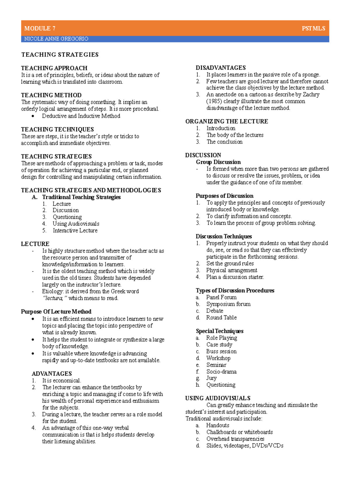 PSTMLS Module 7: Teaching Strategies and Lecture Methods Overview - Studocu
