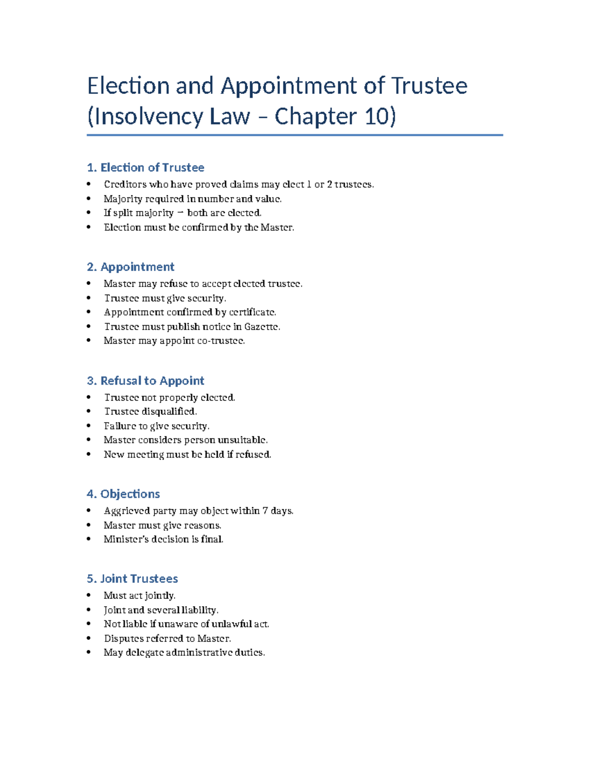 Trustee Election Notes (Insolvency Law Chapter 10) - Studocu