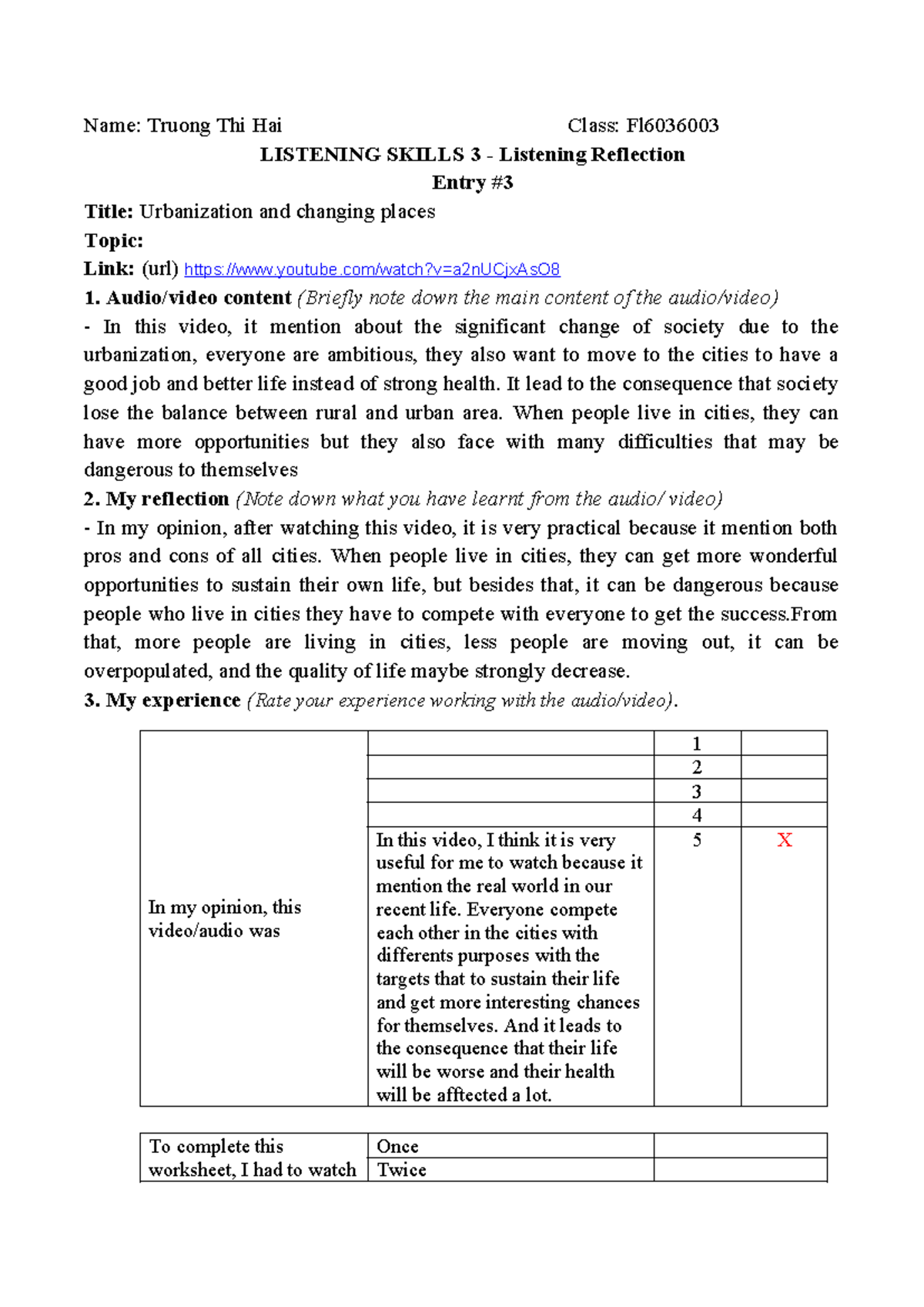 Listening Reflection 3 - Name: Truong Thi Hai Class: Fl LISTENING ...