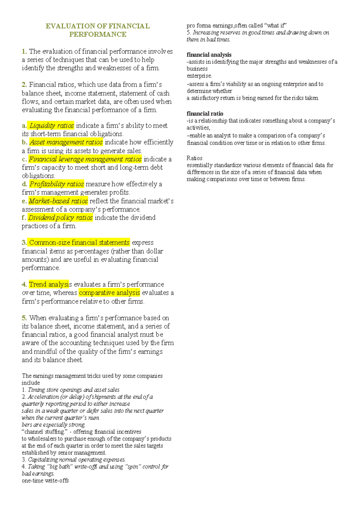 FM Chapter 3 - Evaluation of Financial Performance Notes - Studocu