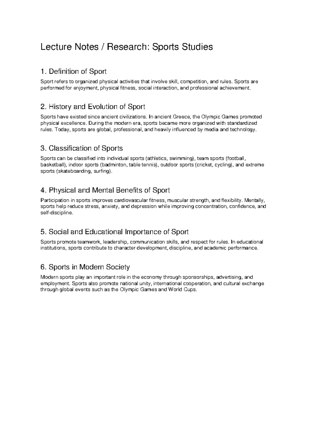 Sports Studies Lecture Notes: Overview and Benefits of Sport - Studocu