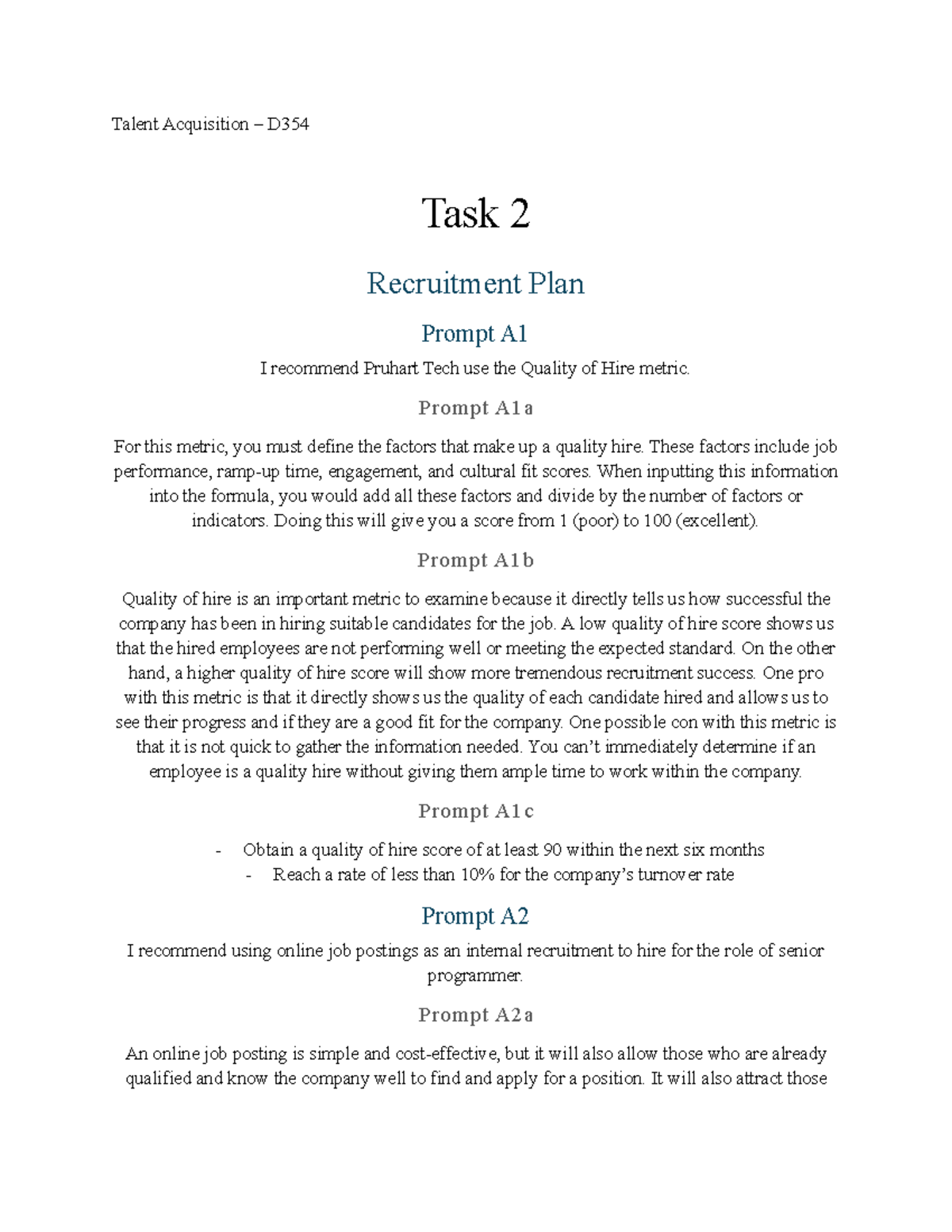 Talent Acquisition - D354 - TASK 2 - Talent Acquisition – D Task 2 ...