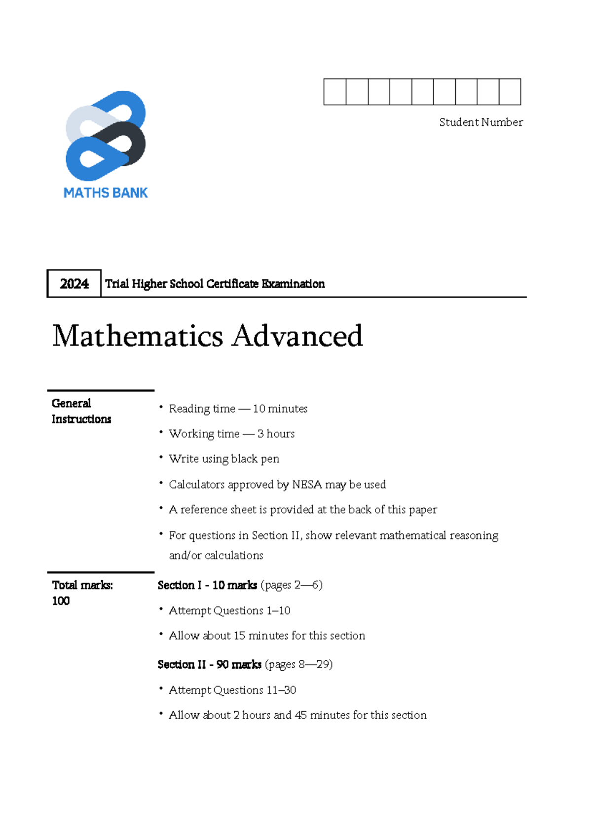 2024 HSC Mathematics Advanced Trial Exam Paper - Studocu