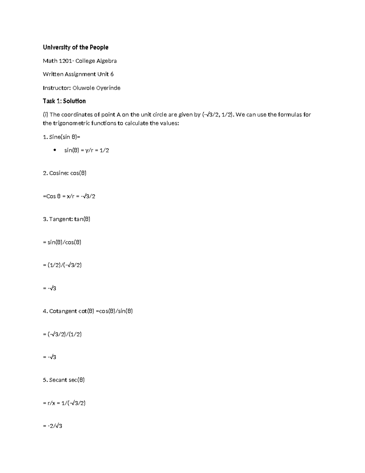 Math 1201 - Written Assignment: Exploring Trigonometric Functions - Studocu