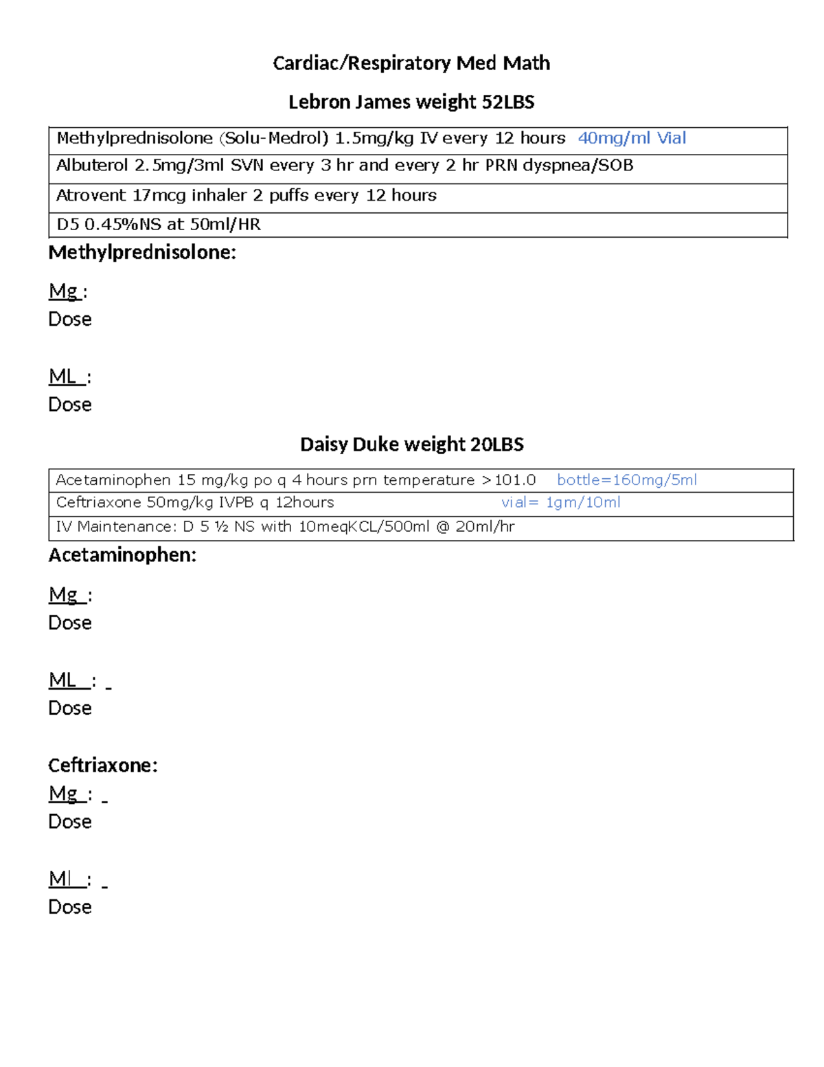Student Cardiac AND Respiratory MATH - Cardiac/Respiratory Med Math ...