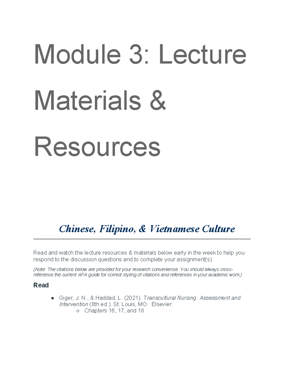 Module 3 Lecture Materials Resources On Cultural Nursing Studocu