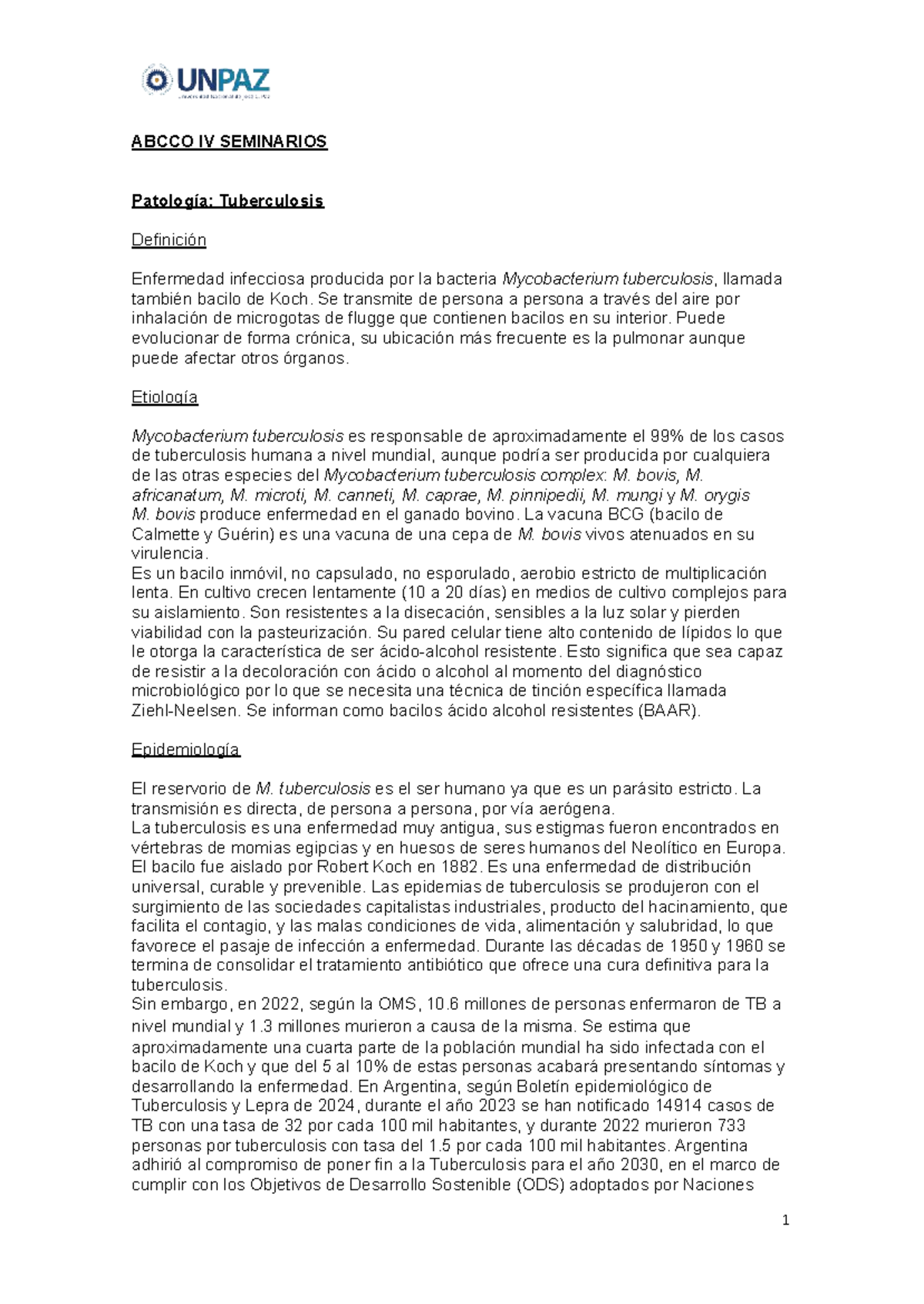 ABCCO IV SEMINARIOS: Ficha sobre Tuberculosis y su Patología - Studocu