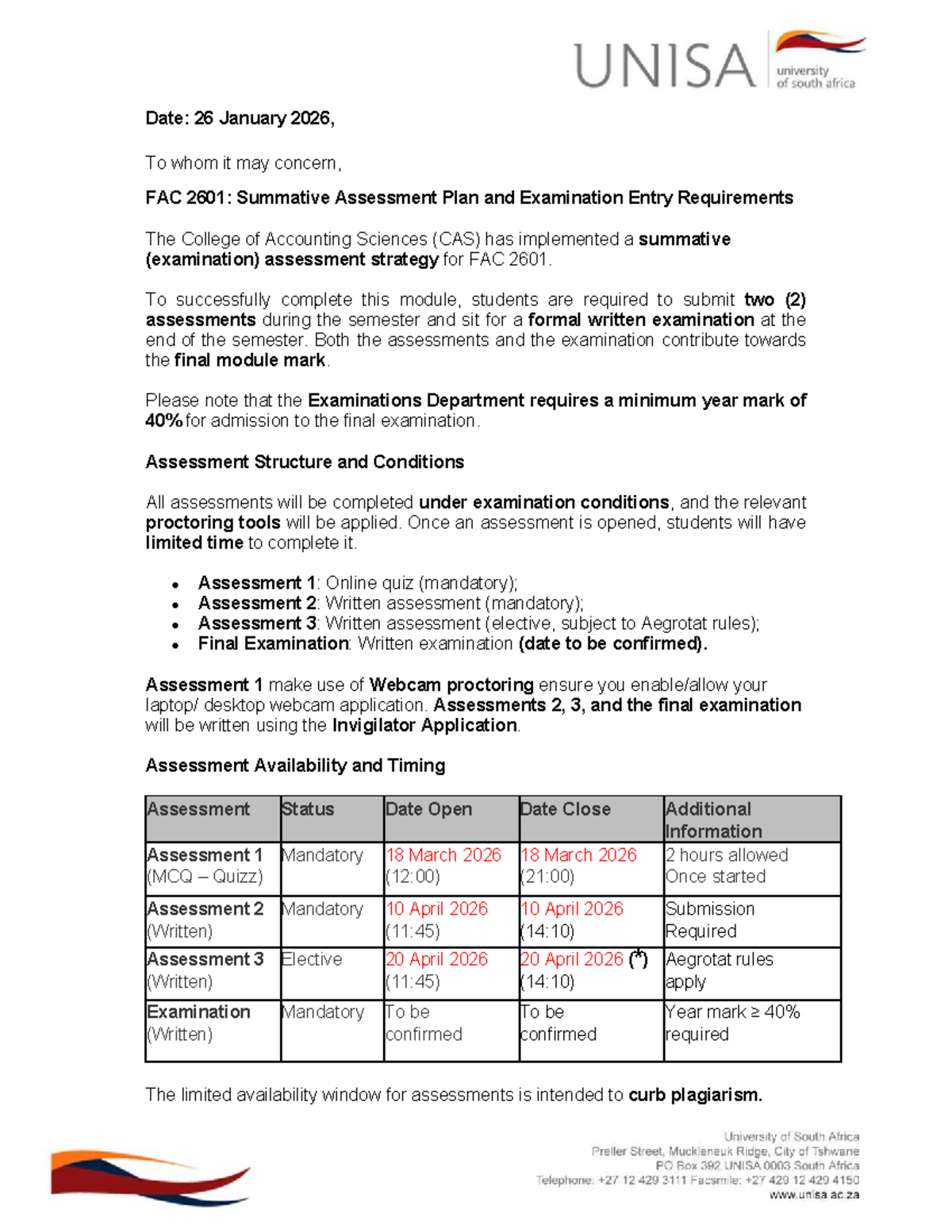 FAC 2601: Summative Assessment Plan & Exam Entry Requirements - Studocu