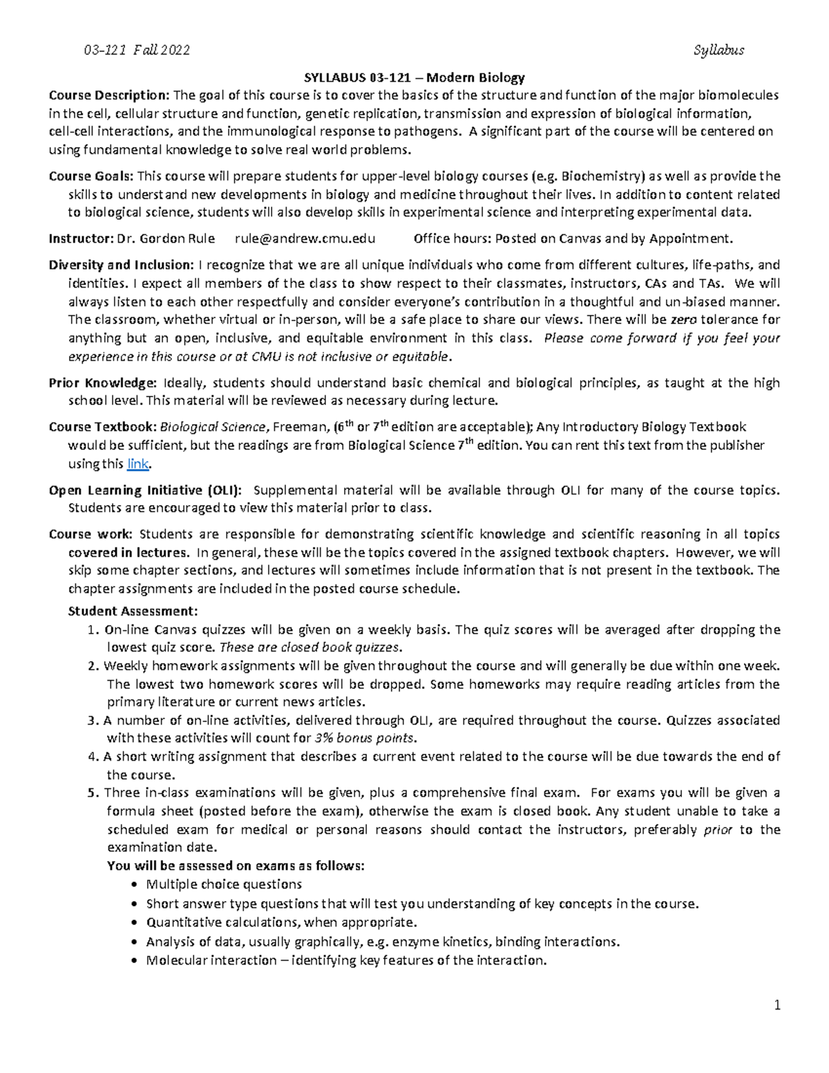 Fall 2022 Syllabus: Modern Biology Course Overview and Schedule - Studocu