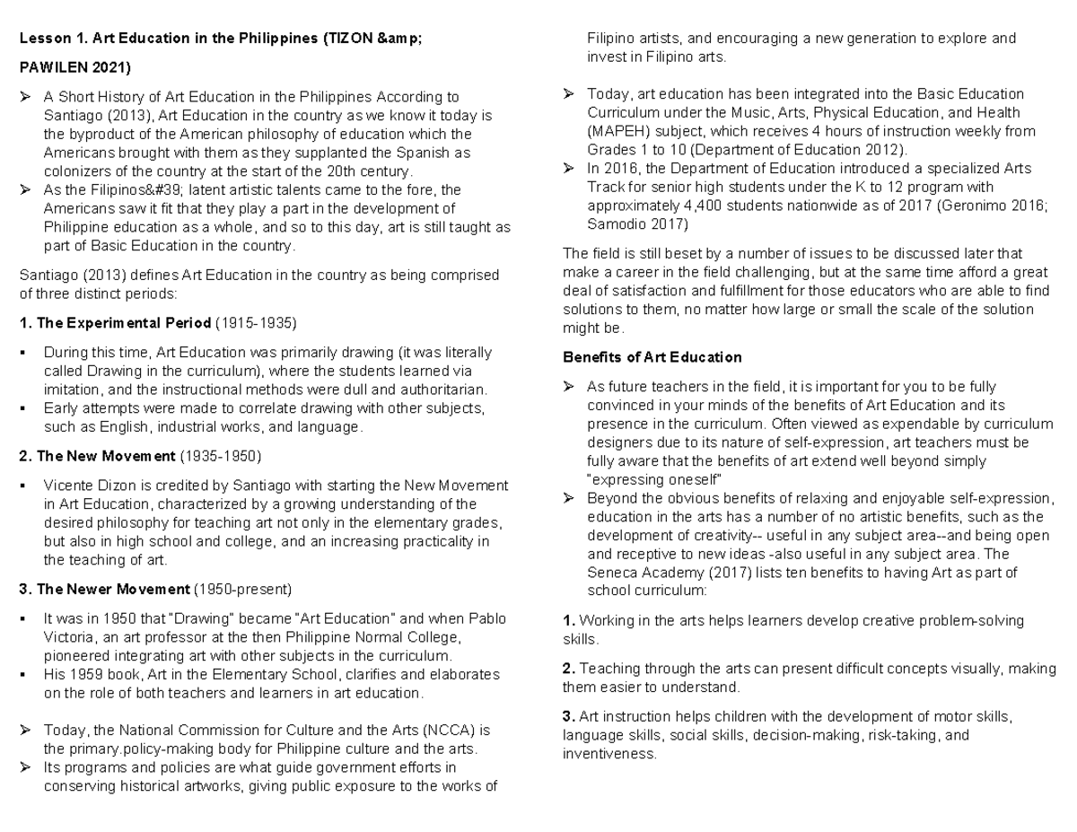 ART 101: Lesson 1 - Art Education in the Philippines Overview - Studocu