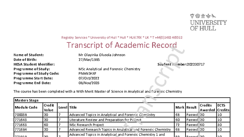 MSc Analytical and Forensic Chemistry Transcript - 202230717 - Studocu