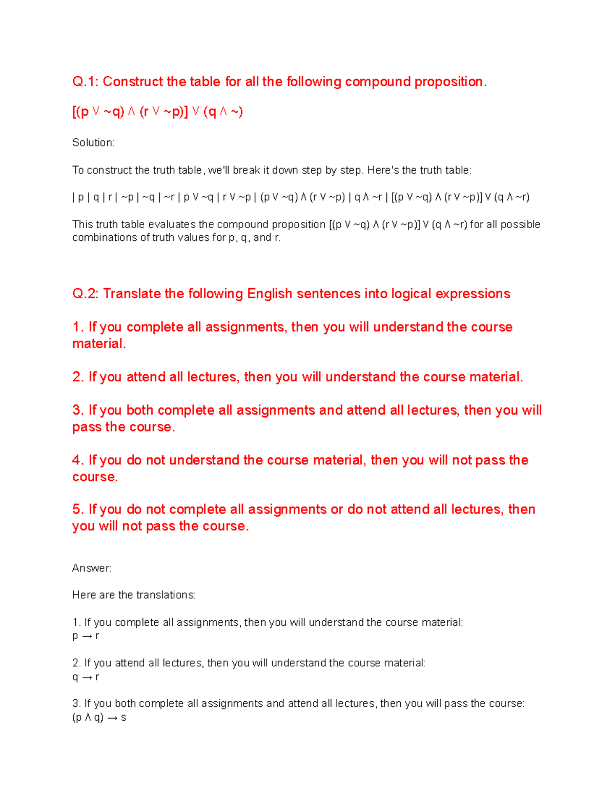 Math 101: Truth Tables and Logical Expressions - Assignment 1 Solutions ...