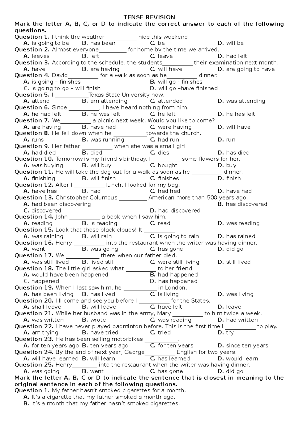 TENSE REVISION: Practice Questions and Answers - Studocu