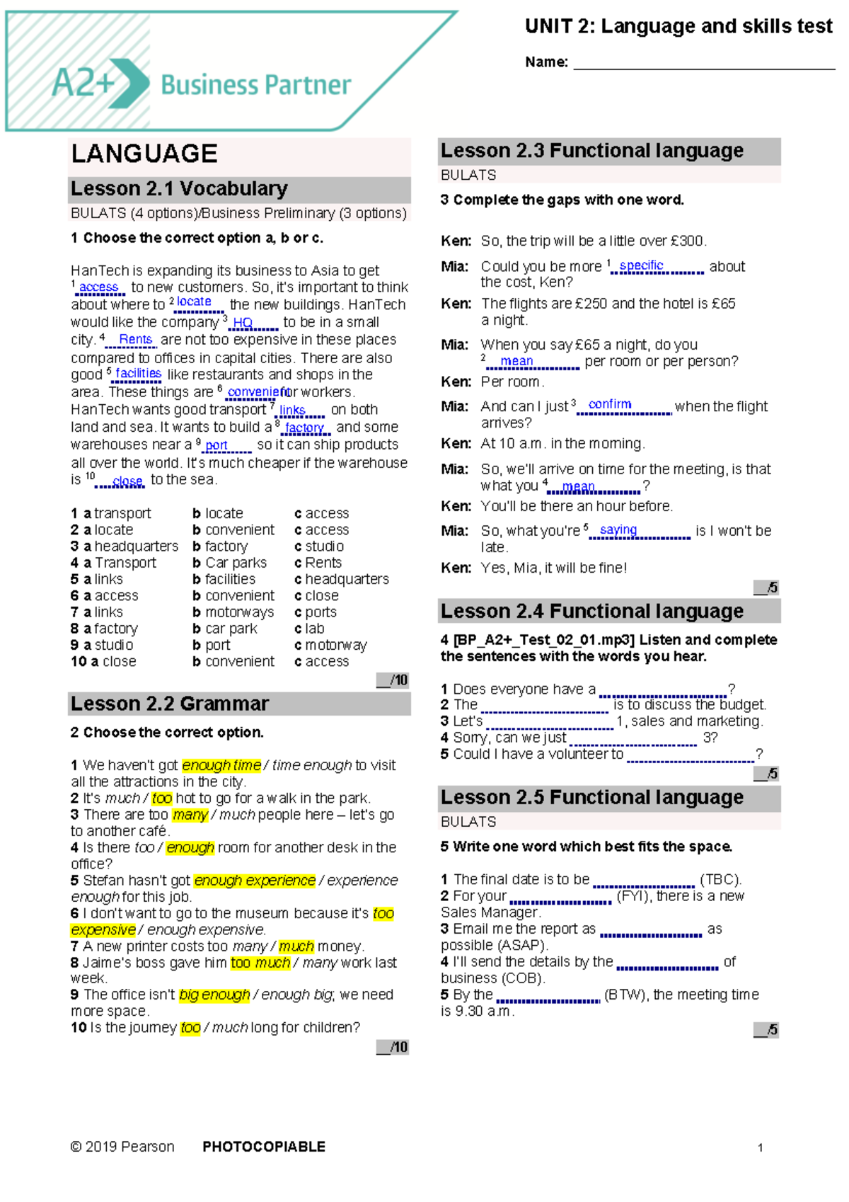 BP A2+ Test Unit 2 Vocabulary & Grammar Review - ôn tập - Studocu