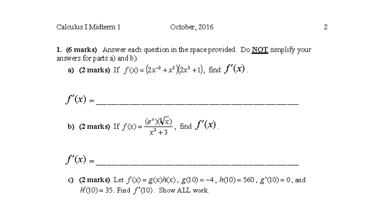 Calculus I Midterm Exam F16 - Questions and Solutions - Studocu