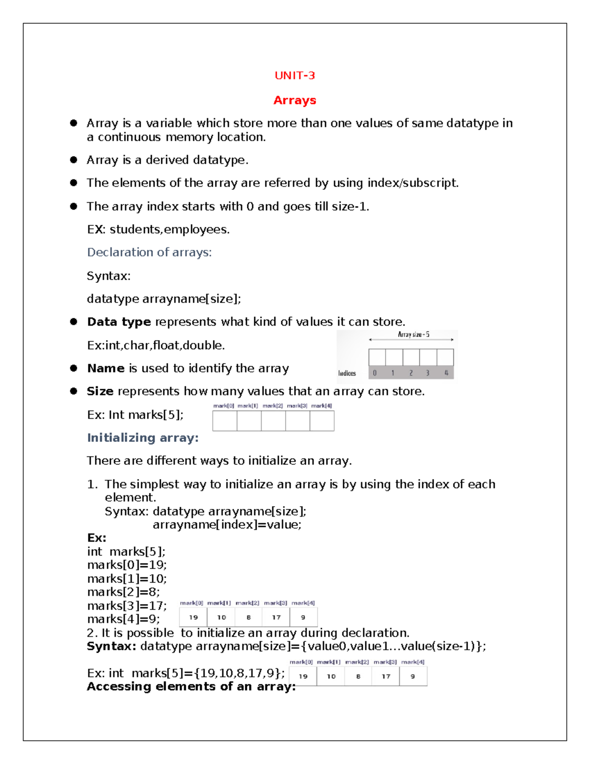 UNIT-3 - UNIT- Arrays Array is a variable which store more than one ...
