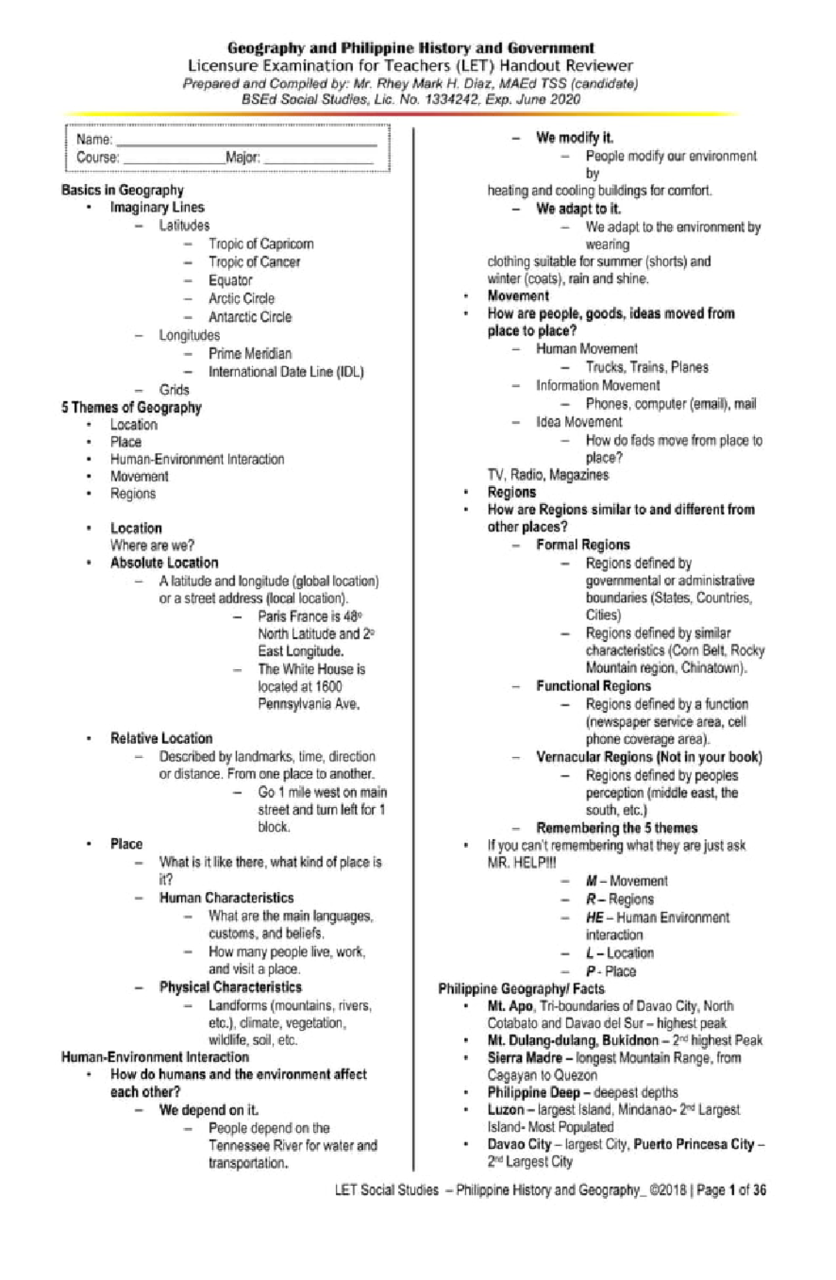 LET Social Studies Handout: Geography and Philippine History Review ...