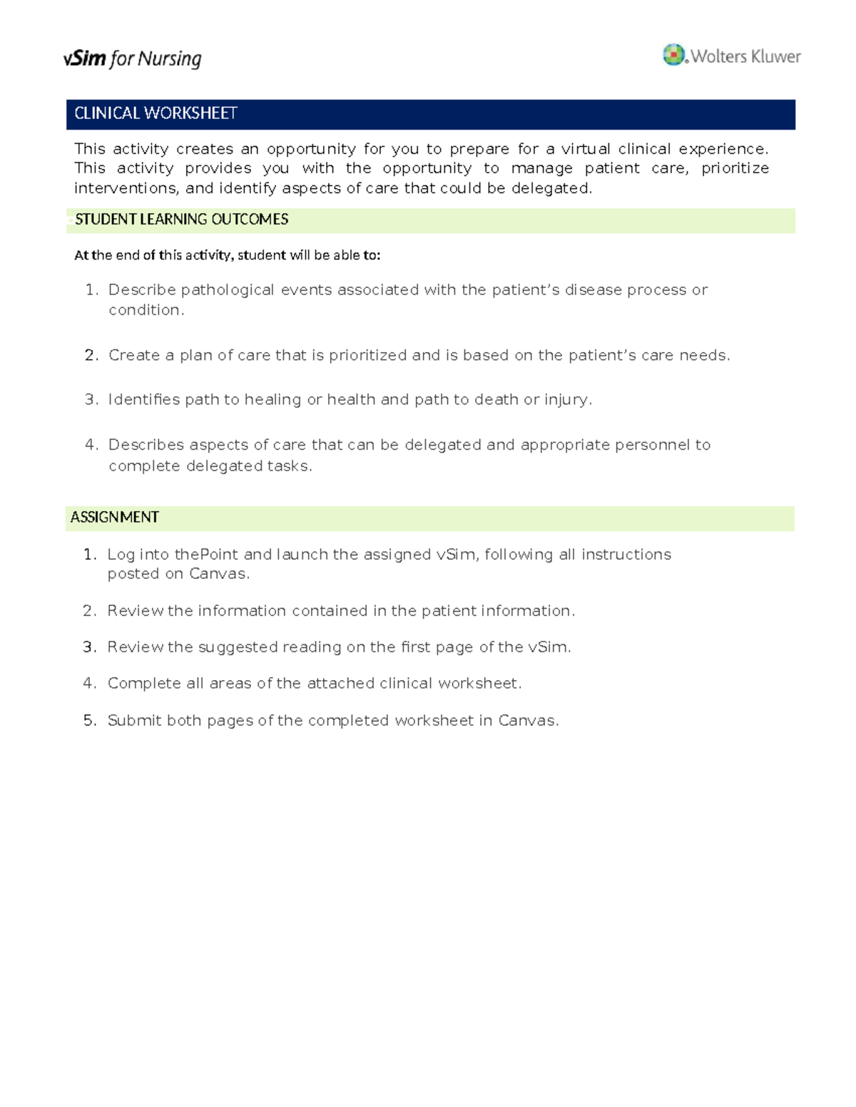 NUR 305 Clinical Worksheet for Virtual Patient Care Simulation - Studocu