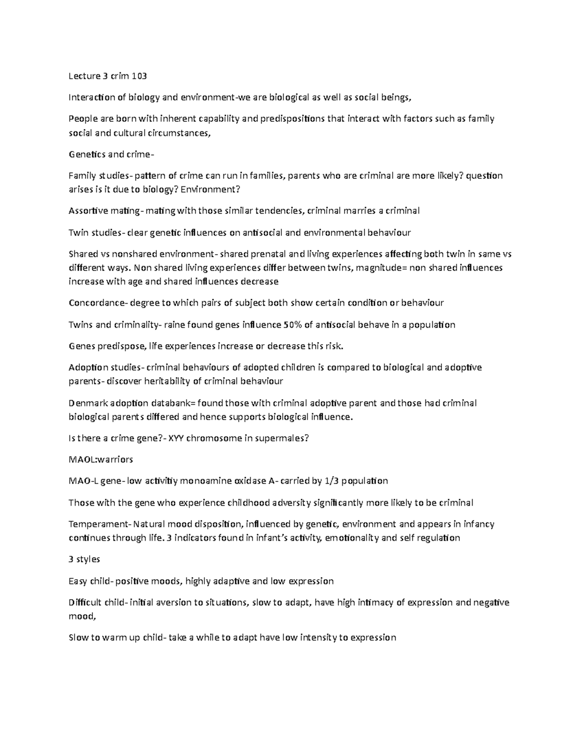 Lectures notes crim 103 - Lecture 3 crim 103 Interaction of biology and ...