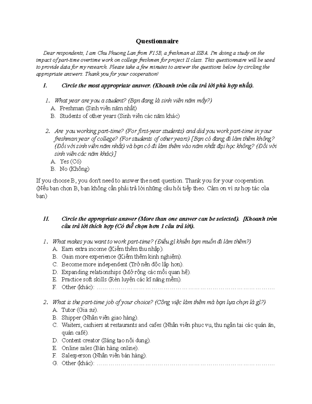 Questionnaire - ẻgseg - Questionnaire Dear respondents, I am Chu Phuong ...