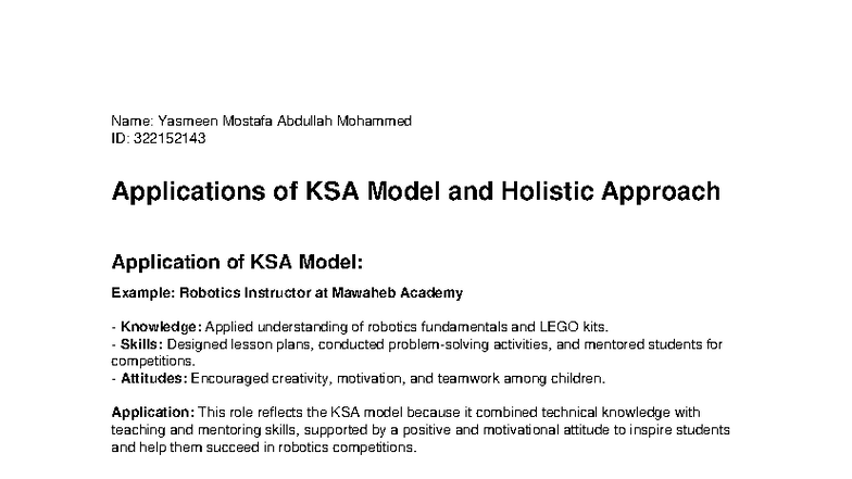 Assignment 1 - KSA Model & Holistic Approach Applications - Studocu