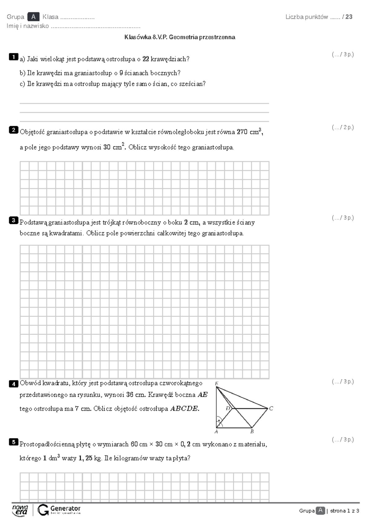 Klasówka 8.V.P. Test z Geometrii Przestrzennej - Ekowydruk - Studocu
