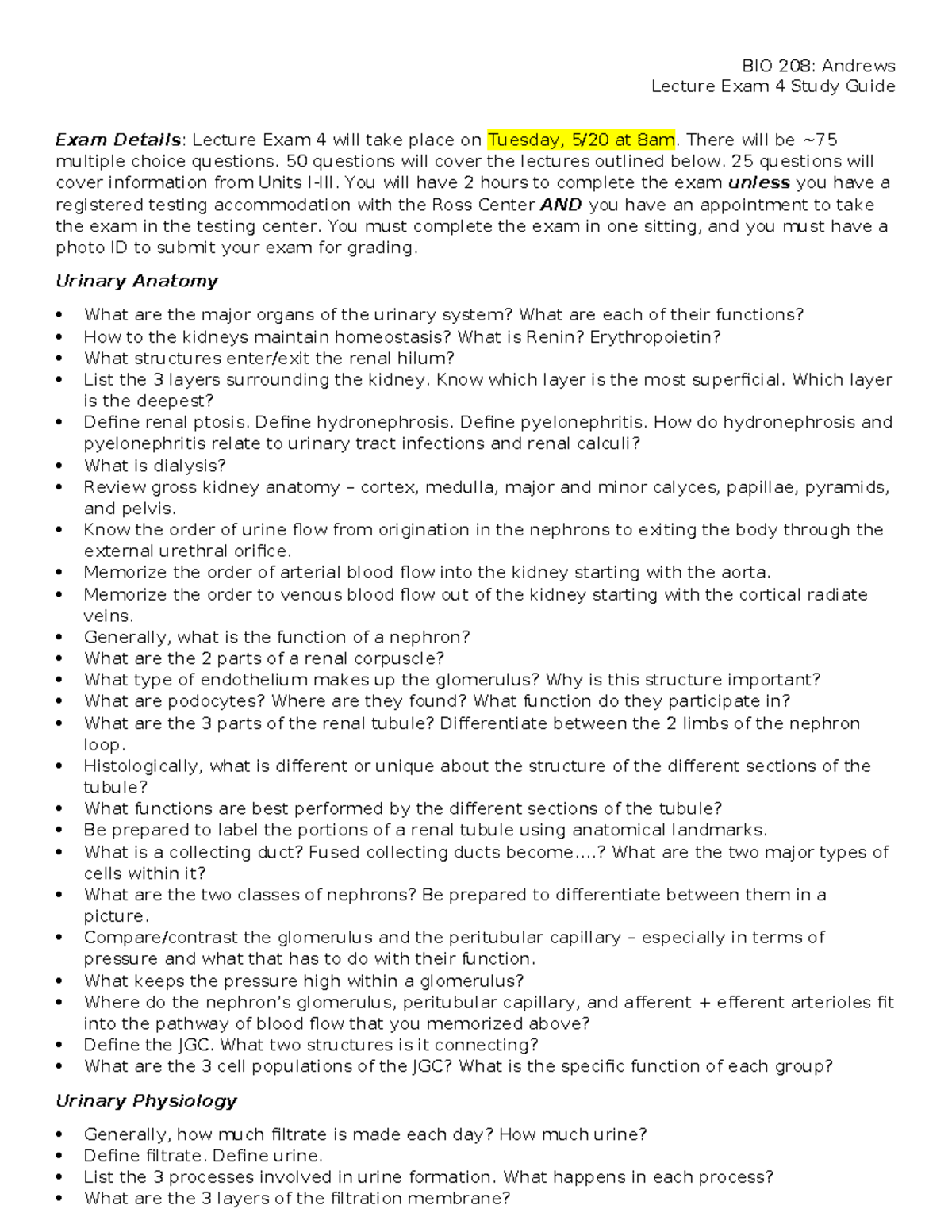 BIO 208: Lecture Exam 4 Study Guide on Urinary & Reproductive Systems ...