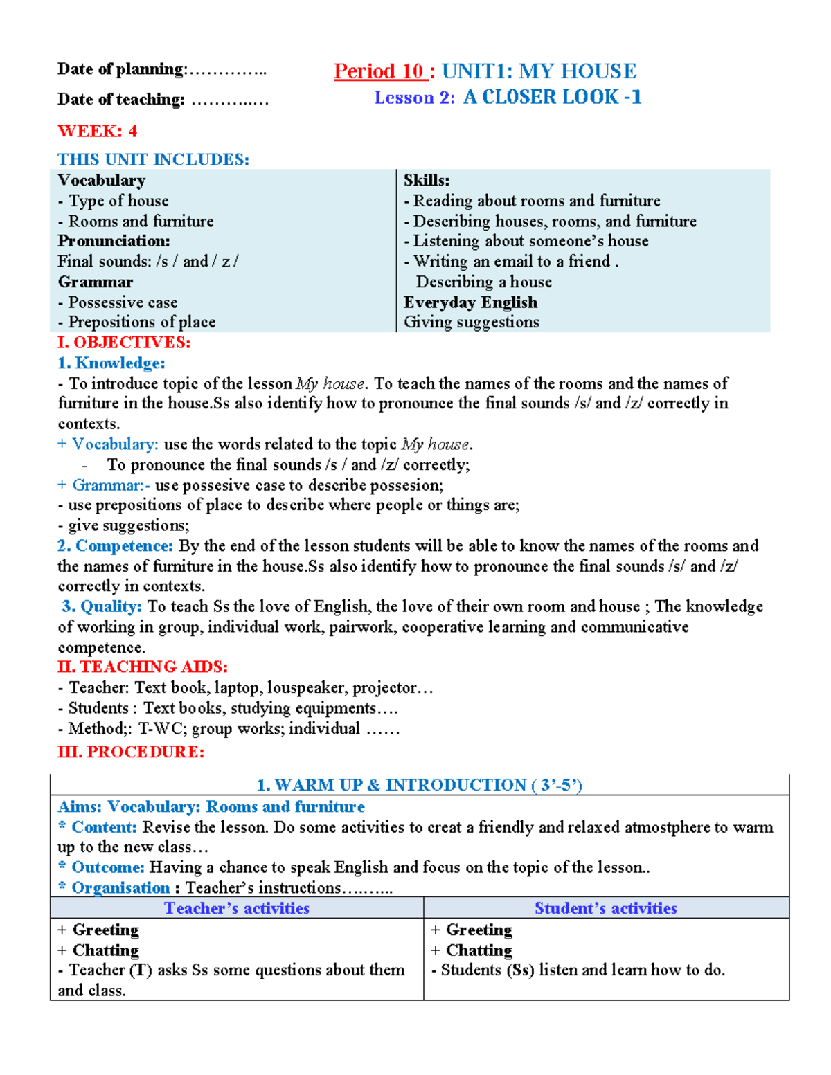 Unit 2: Lesson 2 - A Closer Look at My House and Furniture - Studocu