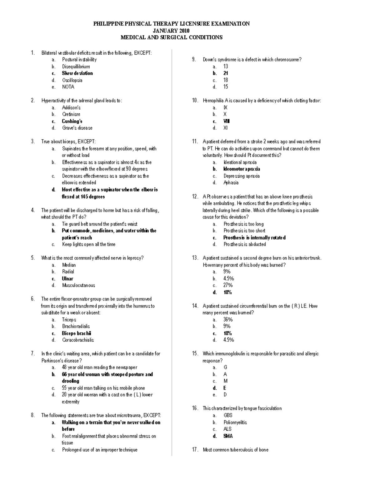 PHYSICAL THERAPY LICENSURE EXAM JAN 2010: MEDICAL & SURGICAL CONDITIONS ...
