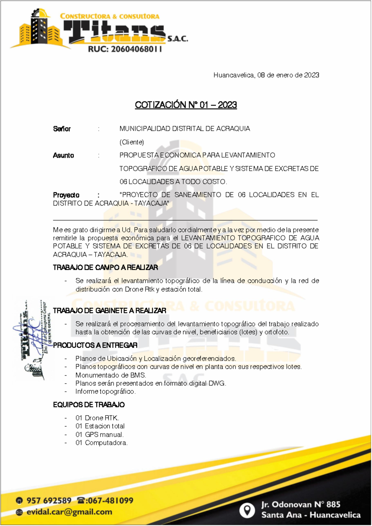 Cotización Topográfica con Drone para Proyecto de Saneamiento ACRAQUIA - Document Preview