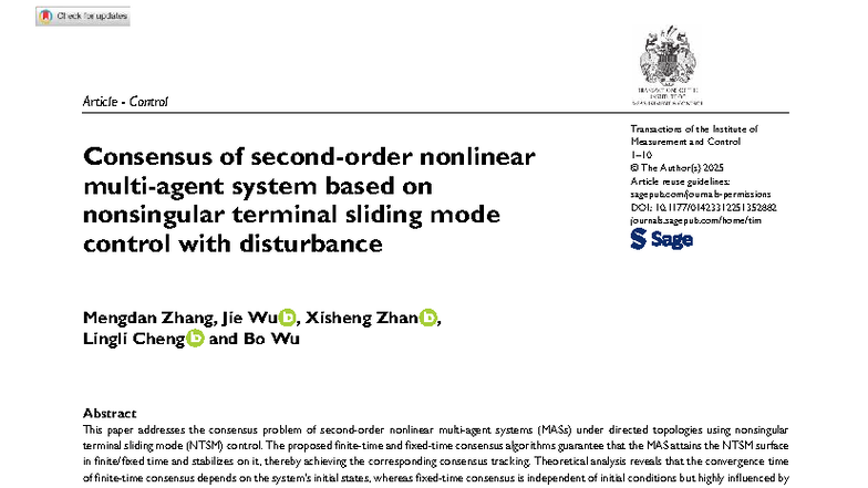Zhang et al. 2025 Consensus of Nonlinear Multi-Agent Systems via NTSM ...