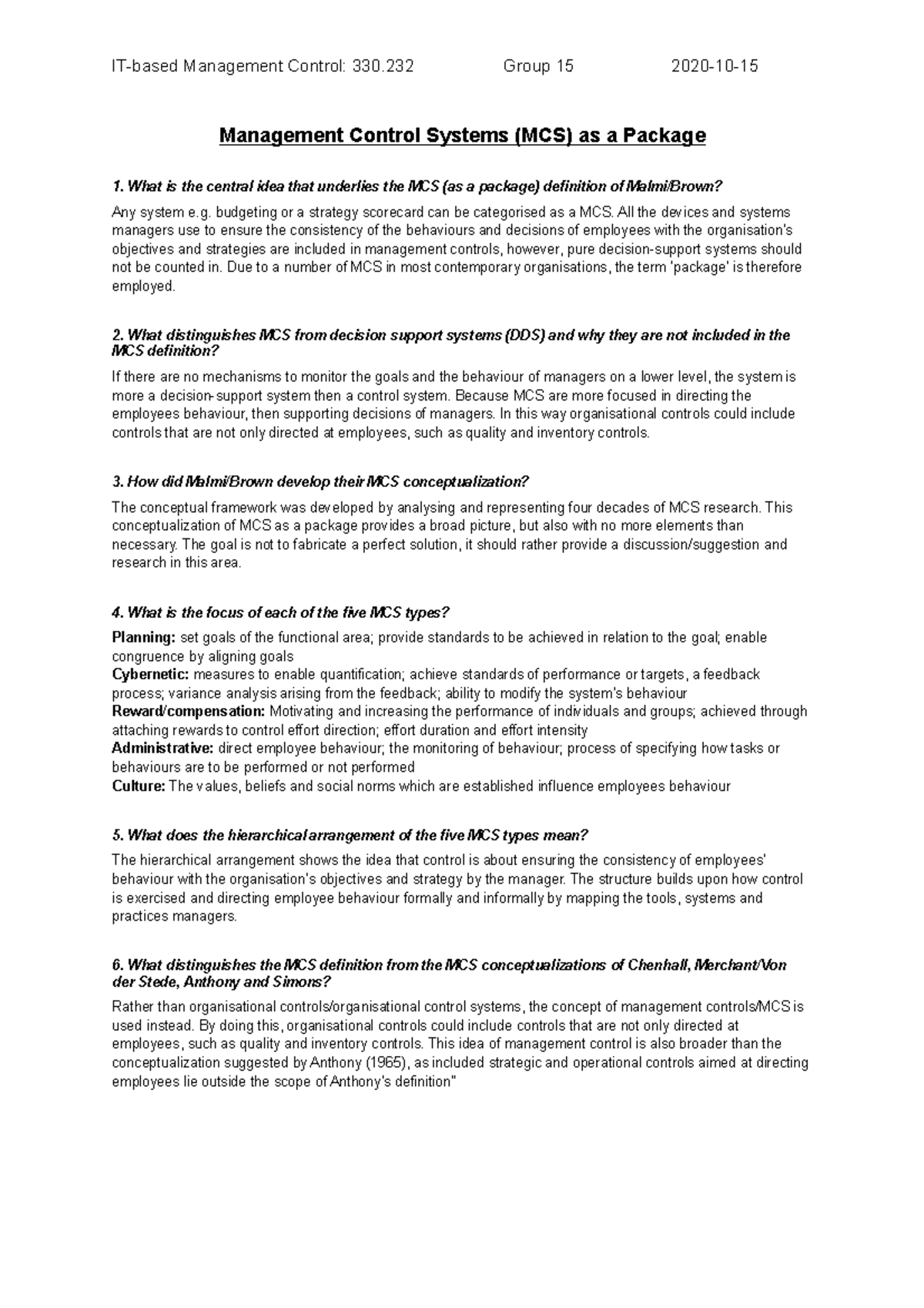 Management Control Systems (MCS) Overview - IT-based Mgt Control 330. ...