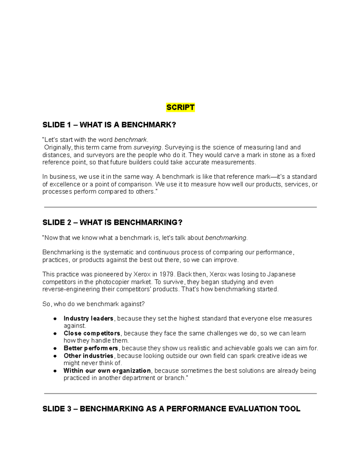 Benchmarking: Understanding Its Fundamentals and Applications - Studocu