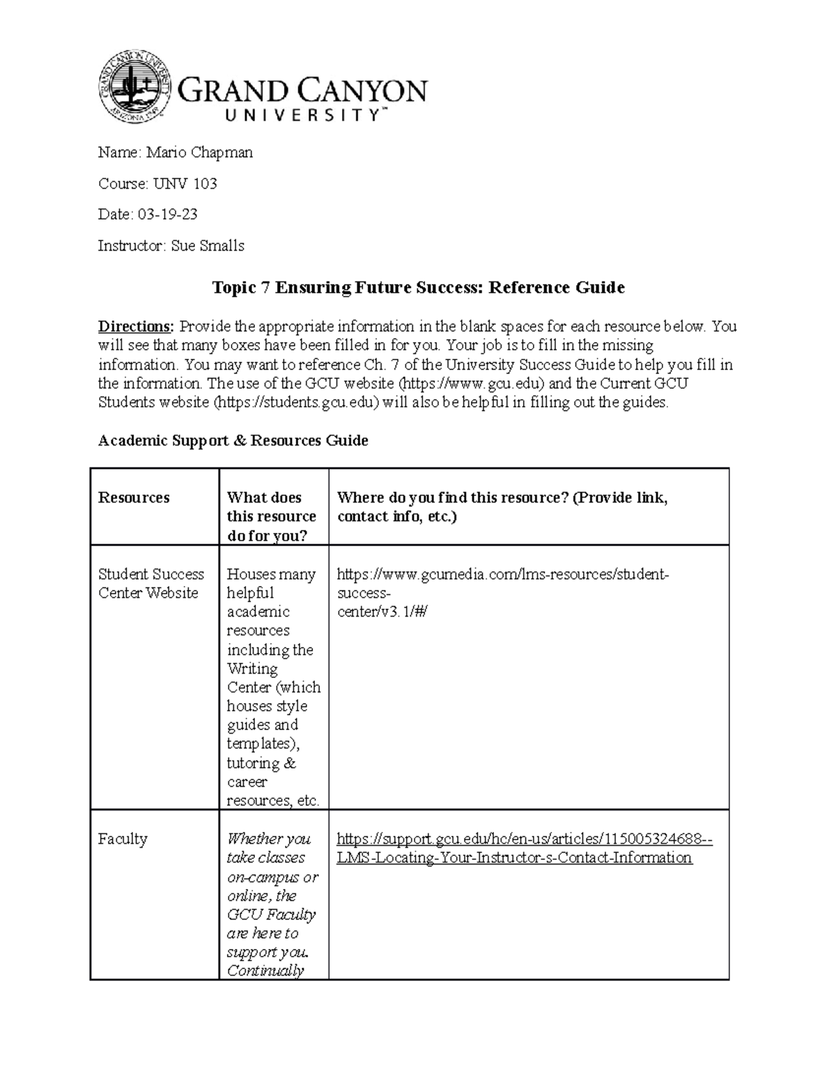 Unv 103 T7 Reference Guide Online Name Mario Chapman Course Unv 103