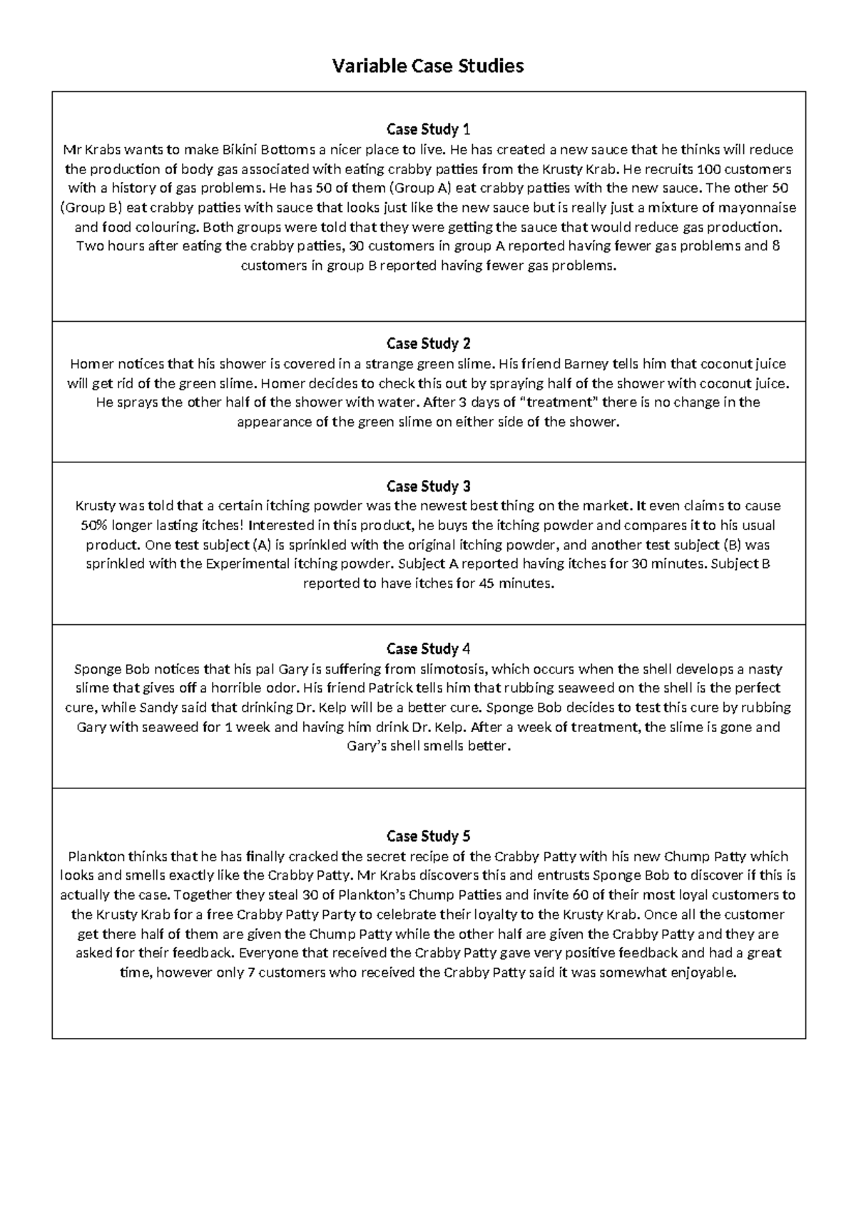 Variable Case Studies - Variable Case Studies Case Study 1 Mr Krabs ...