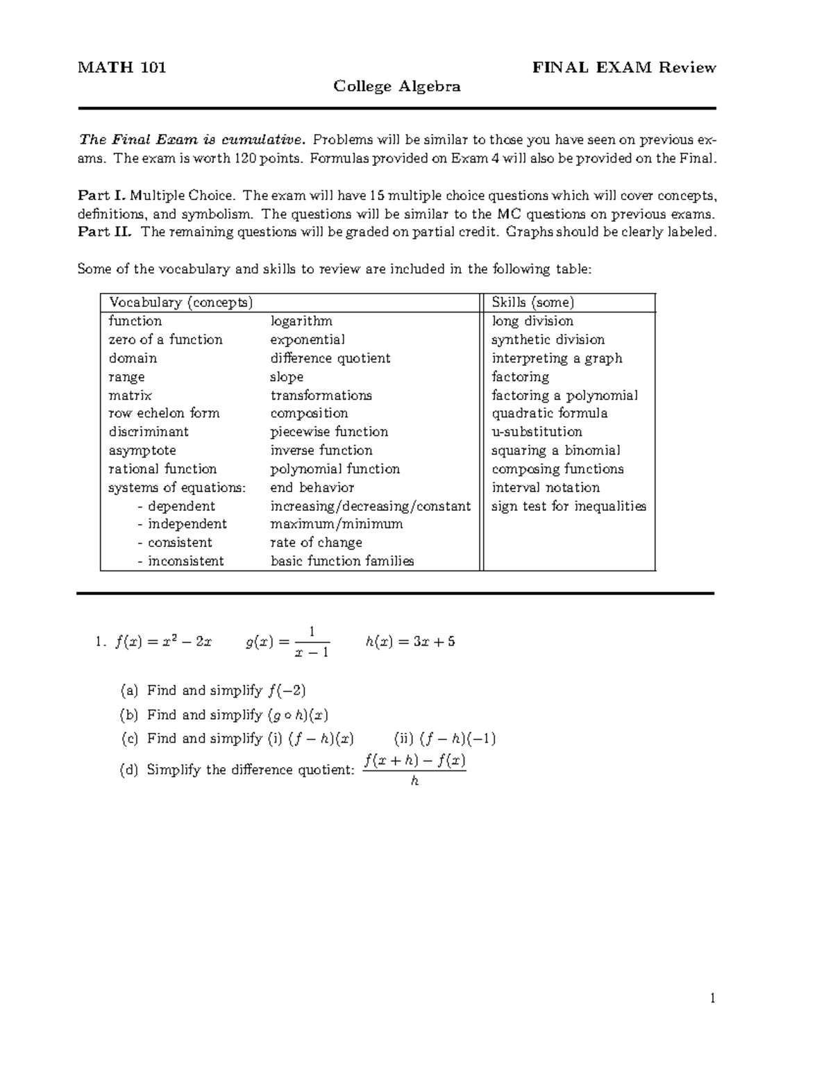 Math 19 Final Exam Comprehensive Study Guide: Piecewise Functions ...