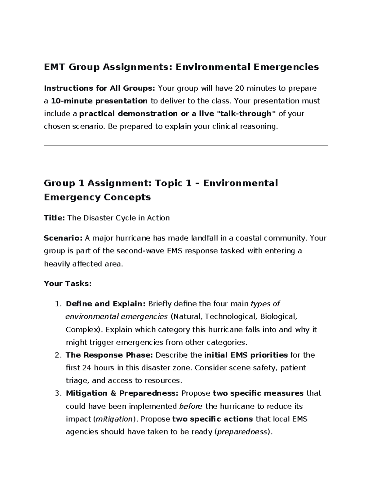 EMT Group Assignments: Environmental Emergencies Overview and Scenarios ...